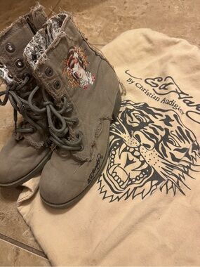 Ed Hardy Olive Green Canvas Ankle Boots with Embroidered Graphic